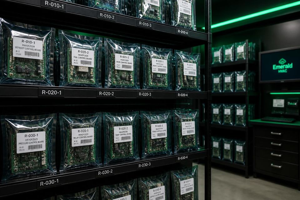 Prateleiras de custódia com placas eletrônicas identificadas e etiquetadas